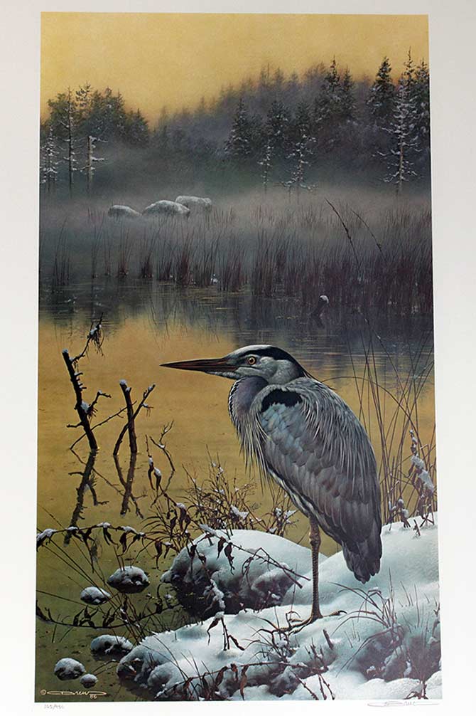 Carl Brenders limited edition print of the Great Blue Heron Late Snow