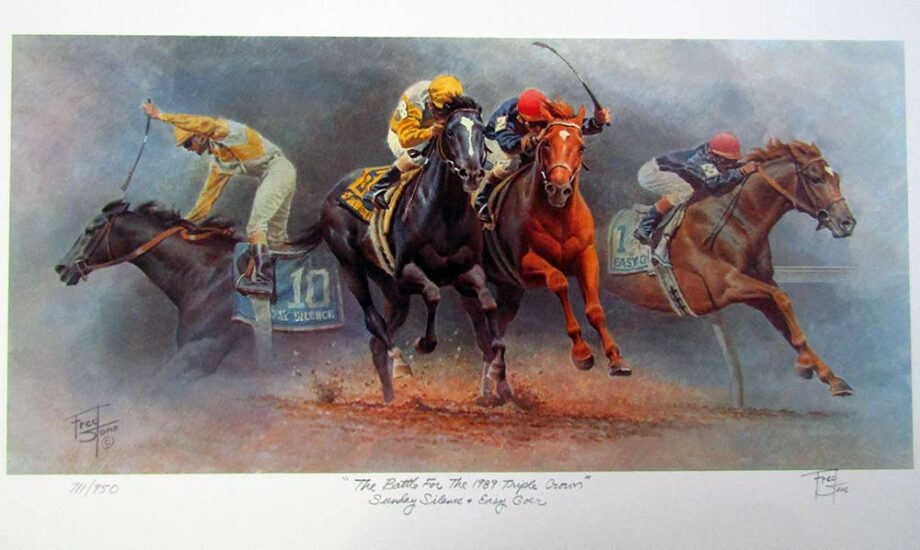 The Battle for the 1989 Triple Crown by Fred Stone a limited edition art print of Jockeys racing Thoroughbred Race Horses
