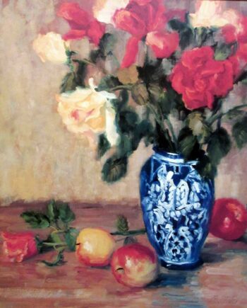 artist Bunny Oliver - lithographic print titled Roses in a Mexican Vase