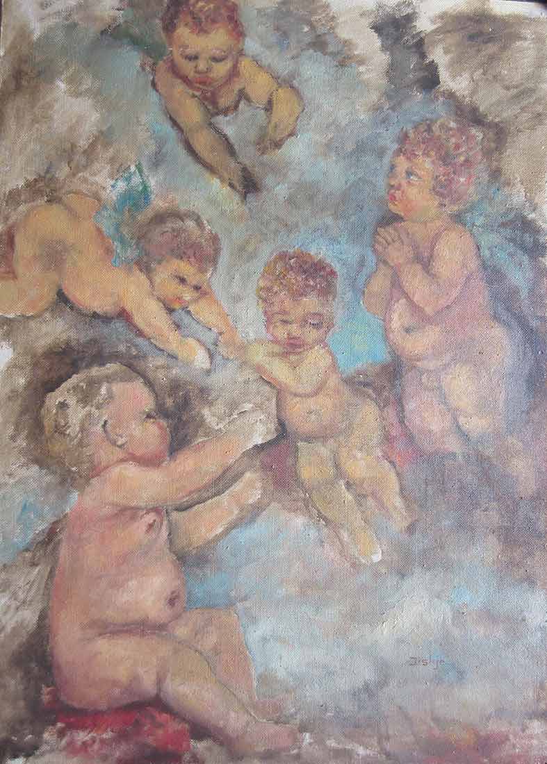 Cherubs Mythological Scene - an Oil on Canvas Board by Jiskje