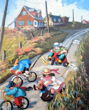 Children Riding Bikes a limited edition lithograph print on cardboard by Pauline T. Paquin