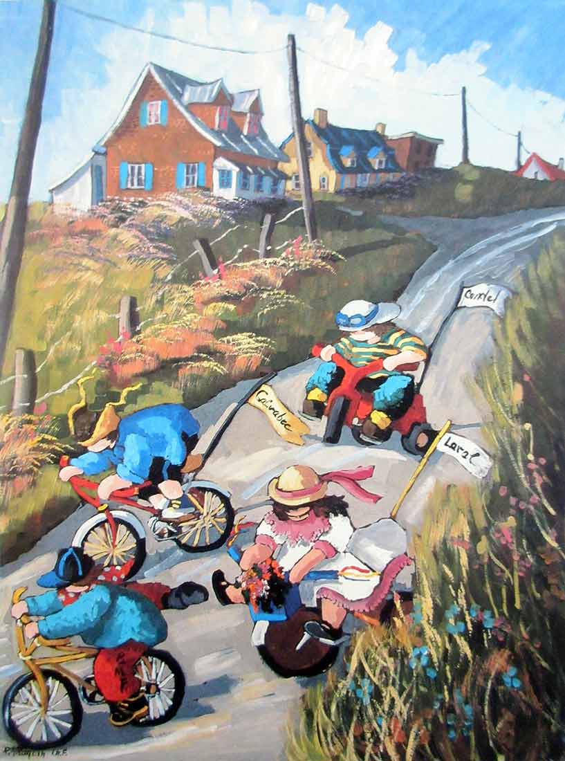 Children Riding Bikes a limited edition lithograph print on cardboard by Pauline T. Paquin