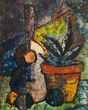Edith Scott still life oil painting on wood board thought to be titled Guitar and Plant