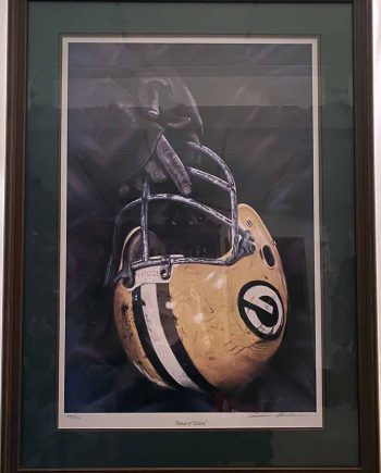 Hands of Victory a professionally matted and framed. Double signed by the artist, Andrew Goralski, this limited edition print depicts the early helmet style of the Green Bay Packers,