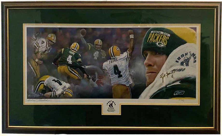 n commemoration of Brett Favre's astounding record of having played 157+ regular games, in addition to 16+ playoff starts, Andrew Goralski released this fine art, limited edition print titled "Iron Man Record".