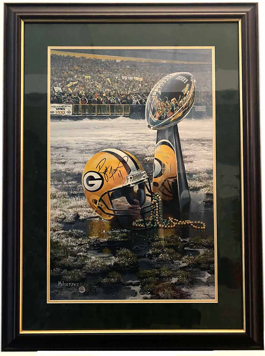 Return to Titletown, professionally framed outstanding print, autographed by #4, Brett Favre of the Green Bay Packers commemorating Super Bowl XXXI, including verified hologram, this Don Kloetzke