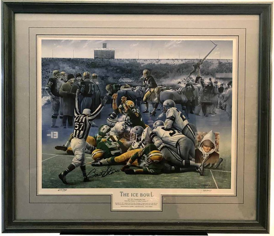 The Ice Bowl by noted Wisconsin artist Tim Spransy.  Autographed by Bart Starr, this impressive print depicts the December 31, 1967 NFL Championship game between the Green Bay Packers and the Dallas Cowboys.