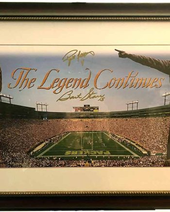 Curly Lambeau/Vince Lombardi/Lambeau Field Panoramic Print "The Legend Continues" Autographed by #15 Bart Starr and #4 Brett Favre. Professionally Framed and includes two COA's of the signings