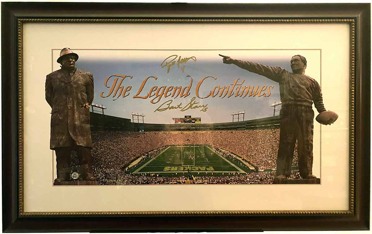 Curly Lambeau/Vince Lombardi/Lambeau Field Panoramic Print "The Legend Continues" Autographed by #15 Bart Starr and #4 Brett Favre. Professionally Framed and includes two COA's of the signings