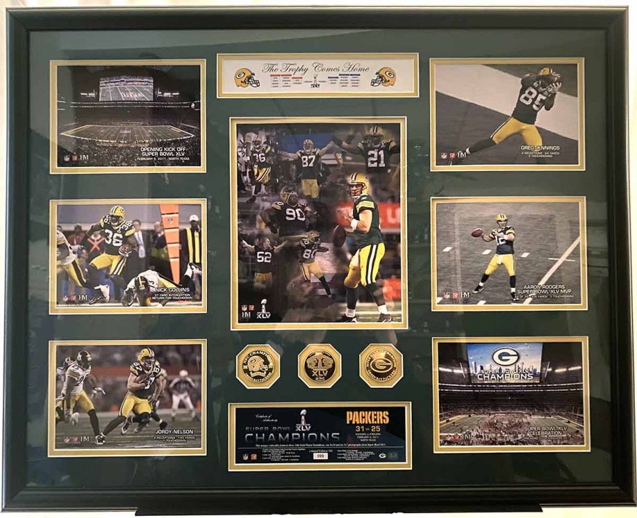 "The Trophy Comes Home" a framed collage Commemorating the Opening Kickoff of Super Bowl XLV on February 6, 2011 in North Texas, this collection of impressive performers and their game stats are a perfect indication of why the Green Bay Packers enjoyed a victory. Includes photos and stats for Nick Collins, Jordy Nelson, Greg Jennings, Aaron Rodgers