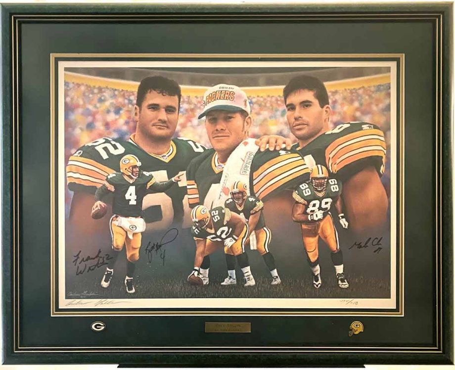 The artist, Andrew Goralski was contacted by Brett Favre's marketing company to create the portrait "Three Amigos". His outstanding ability to convey the camaraderie and special friendship of these three players comes forth in "Three Amigos"
