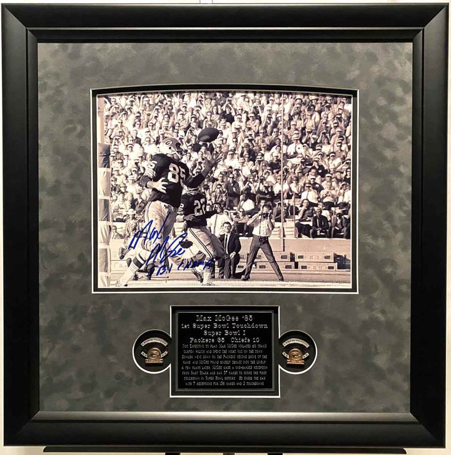 Celebrating Max McGee, of the Green Bay Packers, who scored the 1st Super Bowl touchdown in the 1st Super Bowl. Includes the tale of how Max was thrust into the situation that brought him the honor. Signed by Max McGee and includes a Certificate of Authenticity. Available now from Art Agents International Collectibles division where creative and valuable collectibles are bought, sold, resold, brokered, and listed in a secure and private manner globally