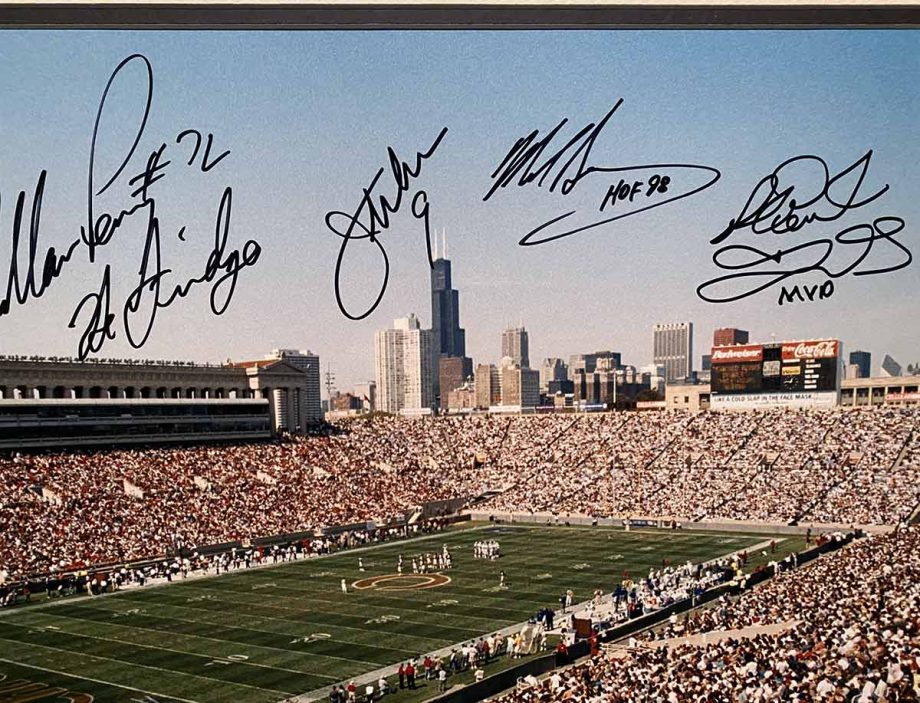After winning Super Bowl XX at Qualcomm Stadium in Louisiana, the Chicago Bears were celebrated with this NFL PhotoFile picture of a packed Soldier Field to commemorate the team that brought the Lombardi Trophy to Chicago. Signed by players Mike Singletary, William "The Fridge" Perry, Richard Dent, Dan Hampton and quarterback Jim McMahon. Includes Certificate of Authenticity. Available now from Art Agents International Collectibles division where creative and valuable collectibles are bought, sold, resold, brokered, and listed in a secure and private manner globally
