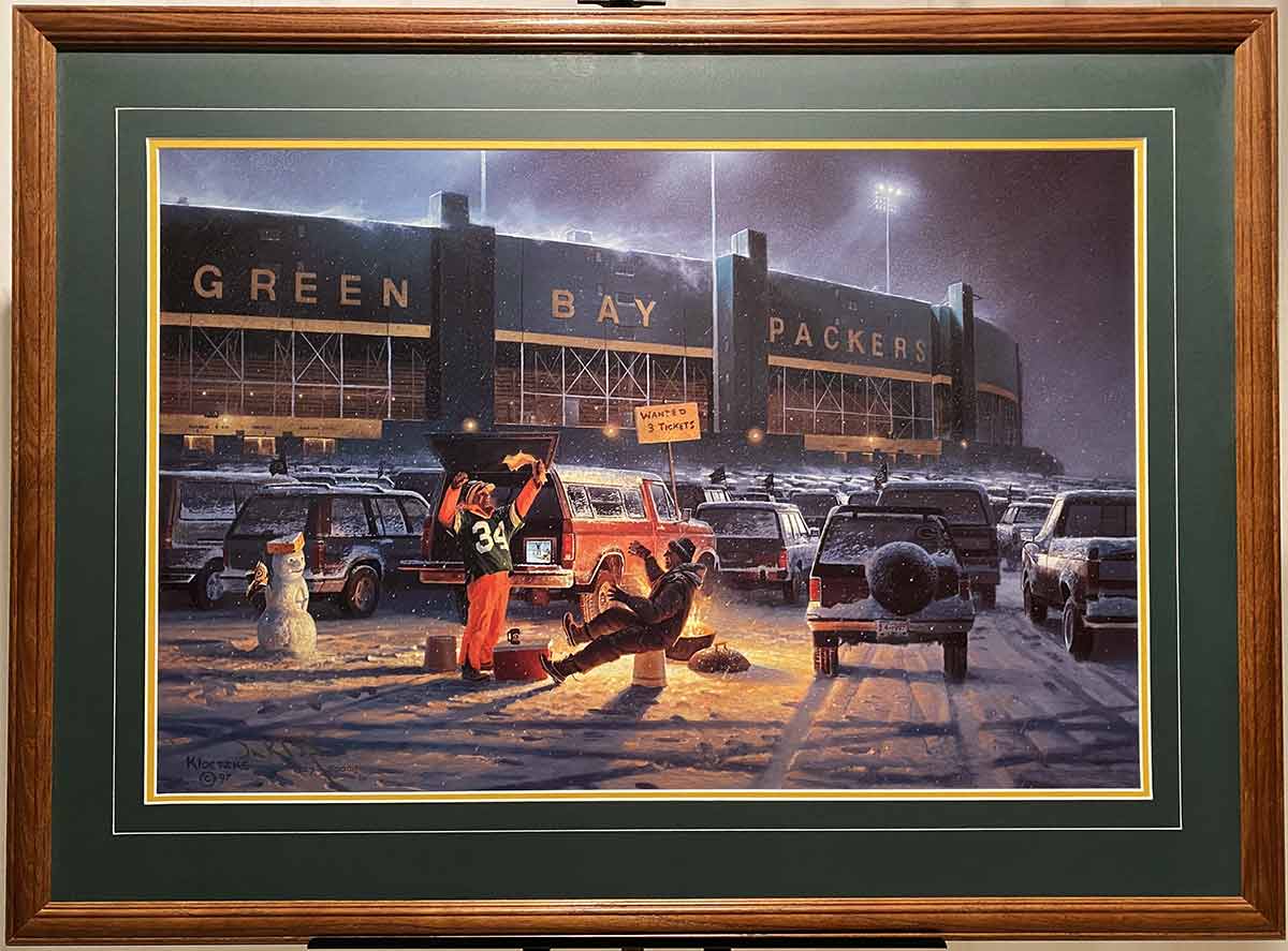 Cold weather means nothing to Packer fans! They are among the most "Diehard" fans on the planet, as depicted by this whimsical print by Don Kloetzke. This print is a signed and numbered Limited edition. Available now from Art Agents International Collectibles division where creative and valuable collectibles are bought, sold, resold, brokered, and listed in a secure and private manner globally