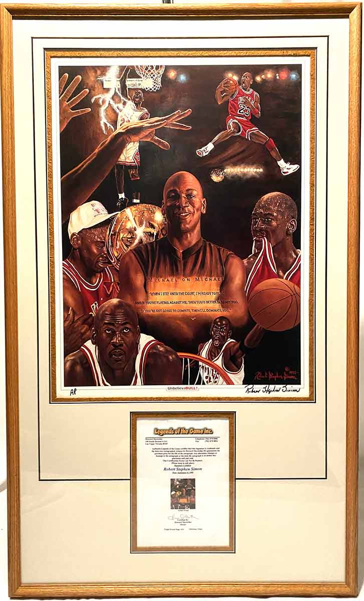 Celebrating the amazing career of Michael Jordan with the Chicago Bulls, this Artist Proof by Robert Stephen Simon incorporates the following quote: Michael on Michael "When I step onto the court, I'm ready to play, and if you're playing against me, then you'd better be ready too. If you're not going to compete, then I'll dominate you." Includes Certificate of Authenticity within the framework. Available now from Art Agents International Collectibles division where creative and valuable collectibles are bought, sold, resold, brokered, and listed in a secure and private manner globally