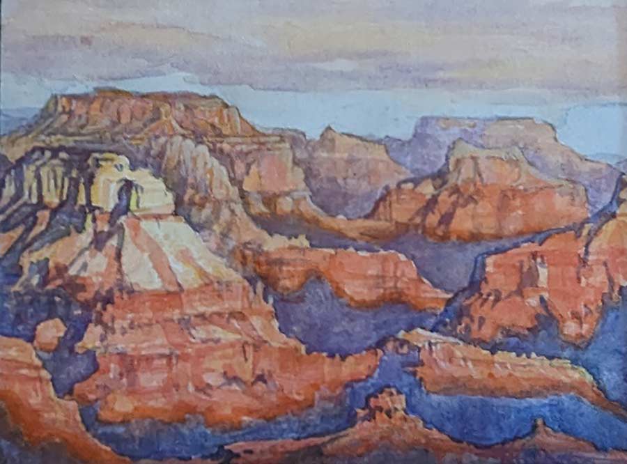 Robert Dalegowski watercolor painting Havasupia Point Sunset #1  is painted with Grand Canyon Spring Water. In association with Grand Canyon Association. Signed. Authentic