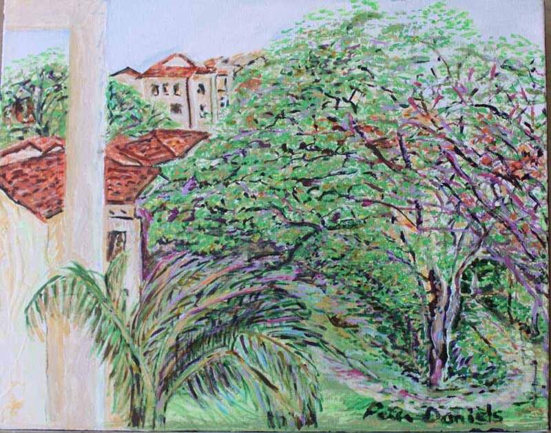 Roofs and Trees - Original Acrylic Painting by Peter Daniels